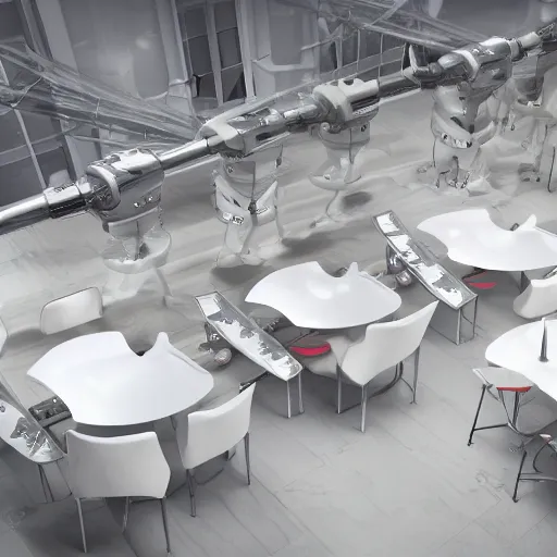 Image similar to three large white glossy kuka industrial robot arms on the floor around a dinner table, the kuka industrial robot arms are wearing bow ties, the table is full of food, they are having dinner inside a posh fine dining restaurant with mid - century modern furniture and decor, global illumination, artstation, fantasy, volumetric light