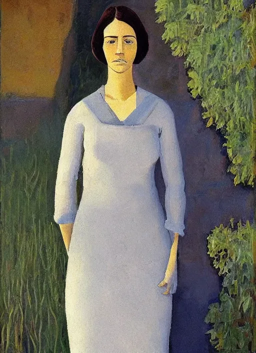 Prompt: a painted portrait of a confident women standing outside, art by felice casorati, aesthetically pleasing and harmonious natural colors, expressionism, natural light, fine day, portrait