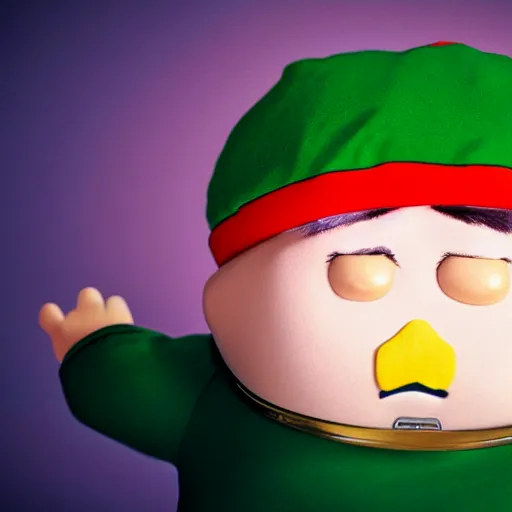 Prompt: Hyperrealistic photo of Cartman from South park, studio lighting, professional photography, cinematic