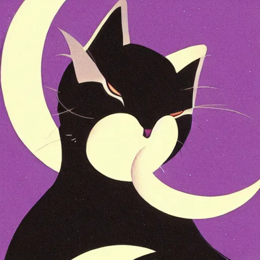 Prompt: black cat, crescent moon, night time, symbolic, super detailed, by hiroshi yoshida, by tatsuro kiuchi, by ilya kuvshinov