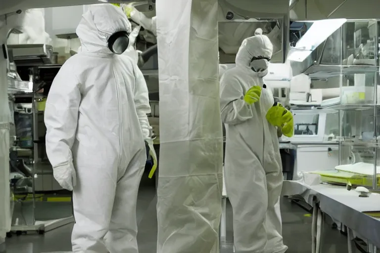 Image similar to man wearing hazmat suit in cleanroom examining alien. by Roger Deakins