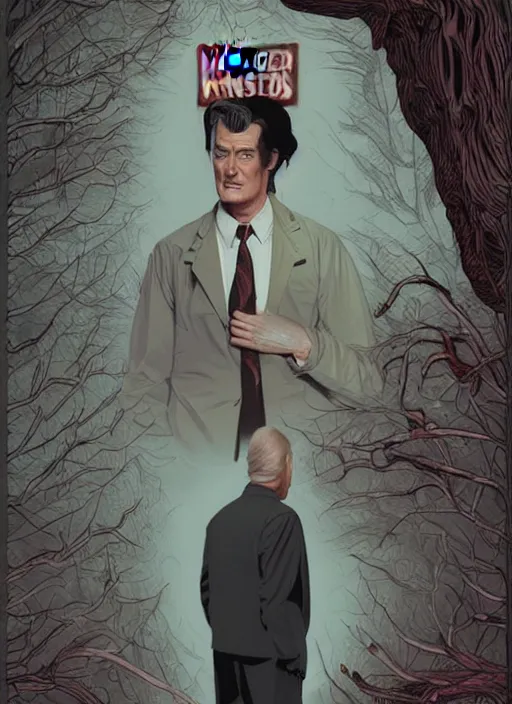 Image similar to Twin Peaks movie poster artwork by Michael Whelan and Tomer Hanuka, Rendering of Kyle MacLachlan resists the body horror, from a scene from Twin Peaks, clean, full of detail, Matte painting, trending on artstation and unreal engine