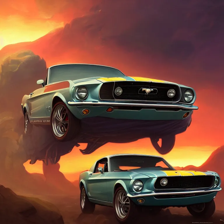Prompt: wide view of a 1 9 6 8 mustang driving down a country road, coriolios rpg art style, full of details, warm sunset colors, matte painting, artstation, 8 k, hyperrealistic, style of peter mohrbacher, album cover