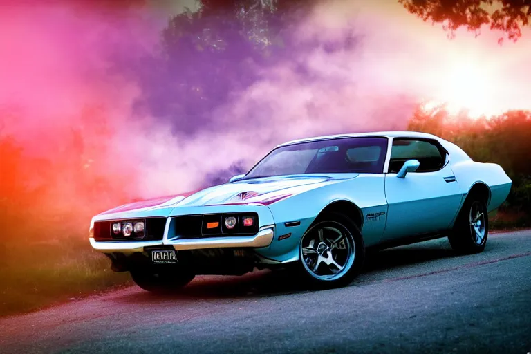 Image similar to pontiac firebird with grafitti tag on side, sunrise, dramatic, cinematic, forest, sunbeams, volumetric lighting, wide shot, low angle, pokemon looking at car