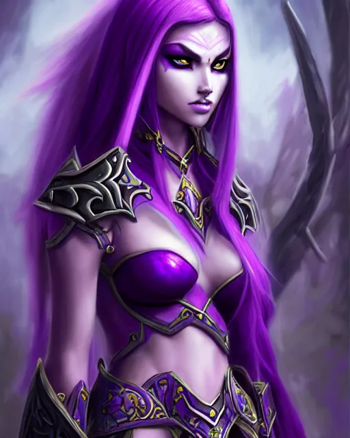 Prompt: character concepta beautiful and strong purple female warrior night elf | | cute - fine - face, world of warcraft, pretty face, realistic shaded perfect face, world of warcraft, fine details by stanley artgerm lau, wlop, rossdraws, james jean, andrei riabovitchev, marc simonetti, and sakimichan, trending on artstation