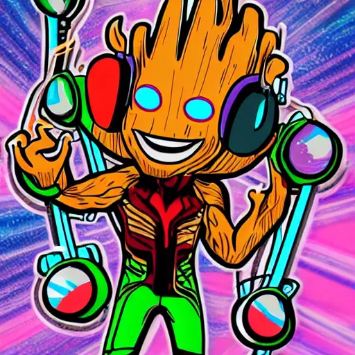 Image similar to svg sticker of a Pop-Wonder Groot-Marvel-Avenger at a rave, spinning records, giant headphones rocking out, wearing headphones, huge speakers, dancing, rave, DJ, spinning records, digital art, amazing composition, rule-of-thirds, award-winning, trending on artstation, featured on deviantart