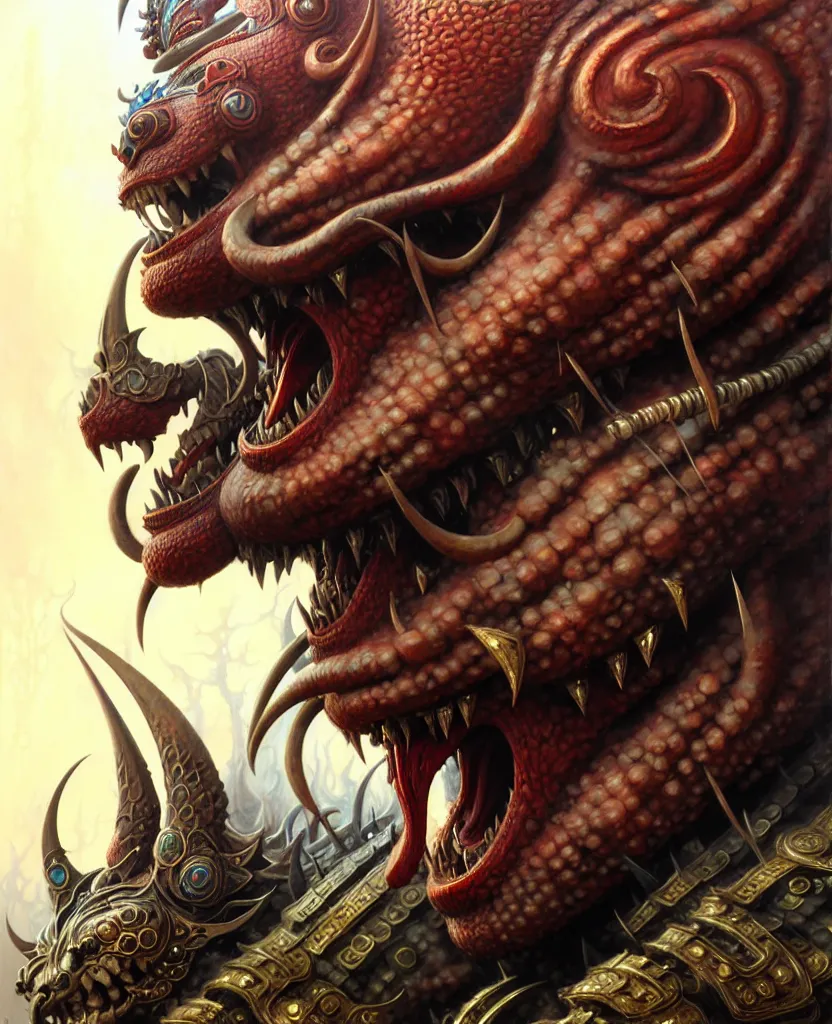 Image similar to beautiful ferocious brutal ravana fantasy character portrait, close - up, headshot, ultra realistic, intricate details, the fifth element artifacts, highly detailed by peter mohrbacher, hajime sorayama, wayne barlowe, boris vallejo, aaron horkey, gaston bussiere, craig mullins