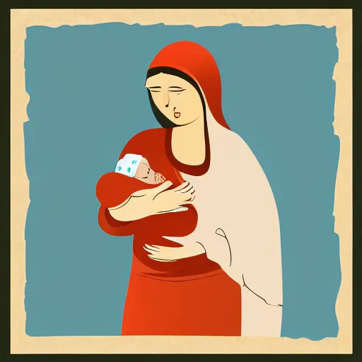 Prompt: midcentury modern illustration of 80 year old sentimental Mediterranean skinned woman in ancient Canaanite clothing holding a newborn baby, crying, awe, love, ancient interior tent background