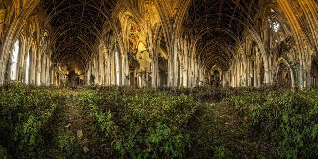 Prompt: Wide angle photograph of the inside of an abandoned cathedral, with a broken roof and overgrown with vines and bushes, cinematic lighting, epic scene, dramatic lighting, evening light, sunset, golden hour, fuji velvia, Flickr, national geographic, taken by Daniel Kordan