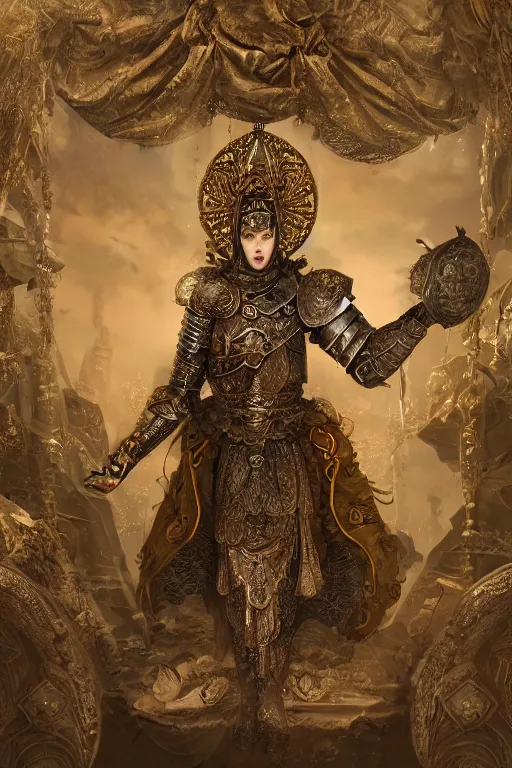 Image similar to hyperdetailed matte illustration of a knight wearing an ornate gold headpiece and holding a flower with a map of the collective subconscious in the background by octane render