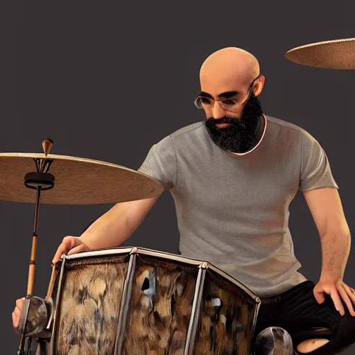 Prompt: bald arab guy with a beard playing a drum solo on a large drum kit, extremely detailed, concept art, soft lighting, 8k