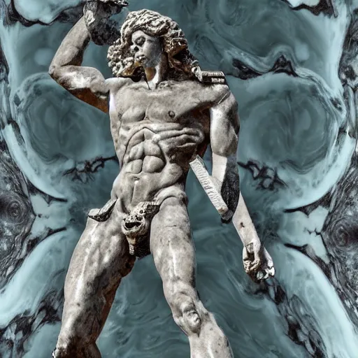 Prompt: David versus Goliath, cyborg marble statue, fractal composition, melting