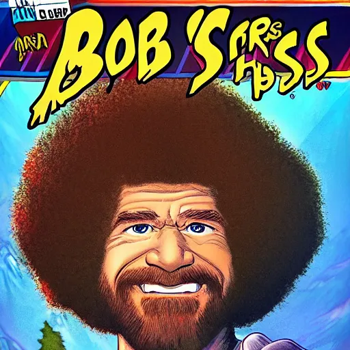 Image similar to Bob Ross as a comic book hero fighting off evil, happy, little trees, 4k, comic book cover