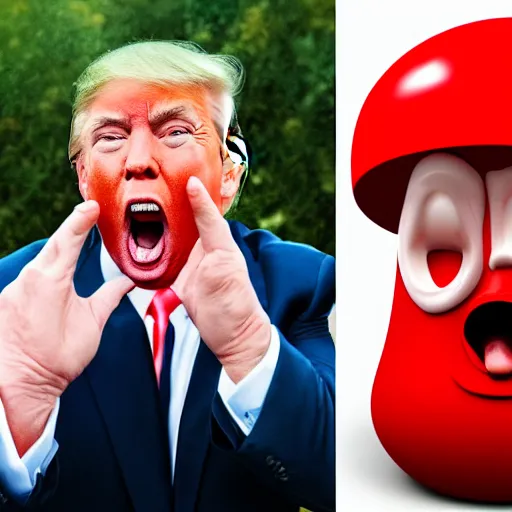 Prompt: portrait photo of Donald Trump finding a giant red mushroom, exhilarated, portrait, closeup. mouth open, 30mm, bokeh