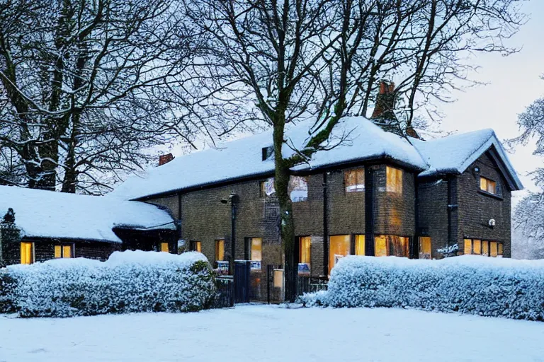 Prompt: cyberpunk, winter in the snow, an estate agent listing photo, external view of a 5 bedroom detached countryside house in the UK, by Paul Lehr