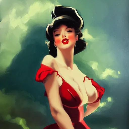 Image similar to a painting in the style of gil elvgren and in the style of ross tran.