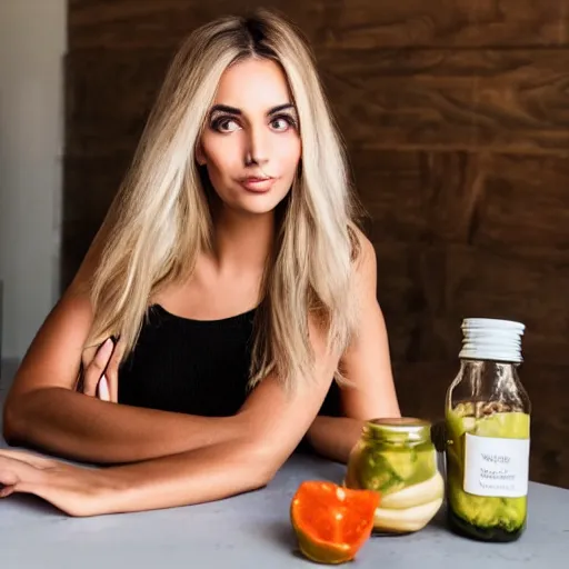 Prompt: extremely beautiful instagram influencer, young woman, desperate to sell her health coaching to an audience, visibly frustrated, snake oil in a jar on a table