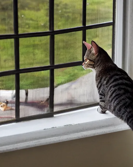 Image similar to a watchful cat is staring out the window at a couple of birds in the yard the birds are hunting for food on the ground. the cat's tail is slowly flicking back and forth