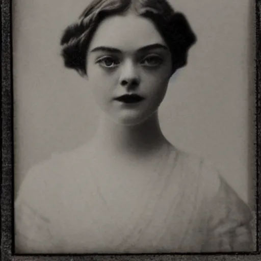 Image similar to Headshot edwardian photograph of Elle Fanning, 1910s, 1900s, 1920s, grainy, victorian, detailed, slightly blurry