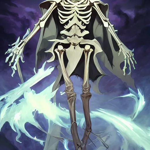 Prompt: Tall skeleton overlord, covered with royal robes, magic caster, wide shoulders, evil aura, full body shot, anime style, AINZ, 90's modern art, art by artgerm and greg rutkowski and alphonse mucha