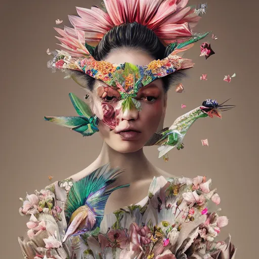 Image similar to 3 / 4 view of a beautiful girl wearing an origami dress, eye - level medium shot, fine floral ornaments in cloth and hair, hummingbirds, elegant, by eiko ishioka, givenchy, ambrosius boeschaert, by peter mohrbacher, centered, fresh colors, origami, fashion, detailed illustration, vogue, native american woman, reallusion character creator