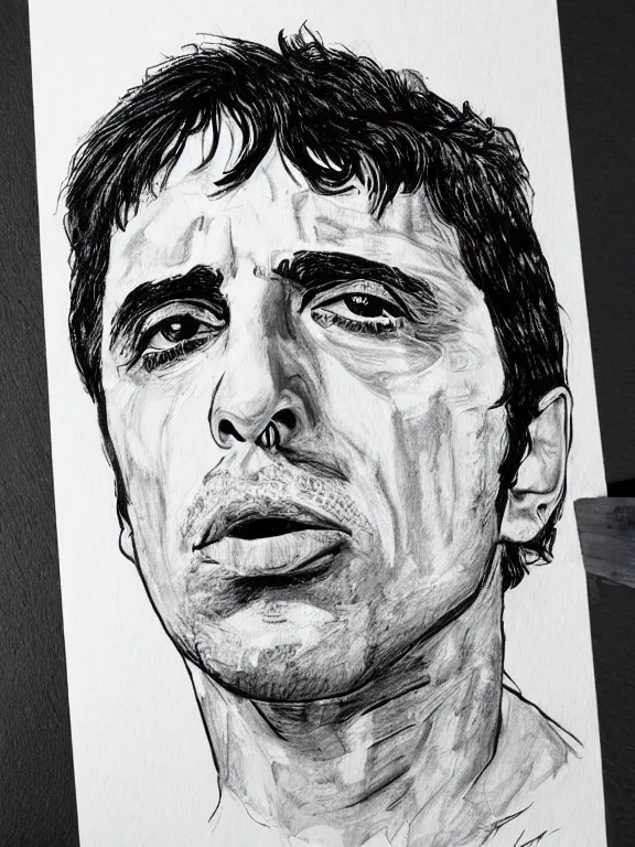 Image similar to headshot portrait. tony montana from movie scarface 1 9 8 3. al pacino, perfect symmetric face, coherent eyes, fine details., 4 k, red and black ink paint