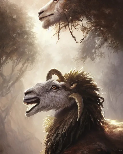 Image similar to oil painting of a goat snake lion hybrid, sharp focus, heroic pose, fantasy style, octane render, volumetric lighting, 8k high definition, by greg rutkowski, highly detailed, trending on art Station, magic the gathering artwork, Woodland background, centered