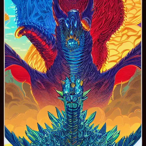 Image similar to A beautiful detailed vivid color colorful comic illustration of King Ghidorah, by Dan Mumford, trending on artstation