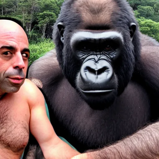 Image similar to joe rogan spooning with a gorilla in a five start hotel, honeymoon photoshoot