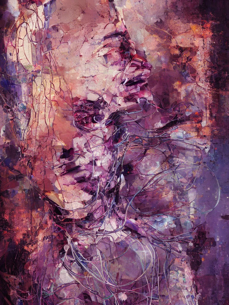 Image similar to a beautiful glitched painting by robert proch of a human anatomy study of the human nervous system, color bleeding, pixel sorting, copper oxide and rust materials, brushstrokes by jeremy mann, cold top lighting, pastel purple greeble background by atelier olschinsky
