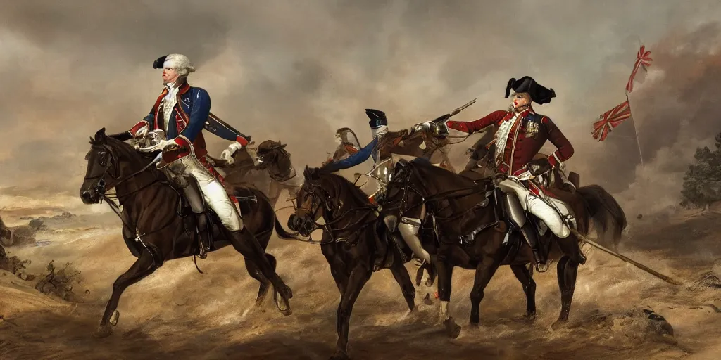 Image similar to George Washington rides a motorcycle to attack the British army in the revolutionary war, epic, cinematic, concept Art, detailed, 4K