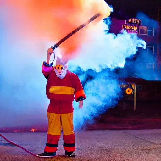 Image similar to photo of a clown using a flamethrower. In the background there is a fire. award-winning, highly-detailed, 8K