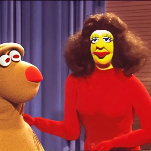 Image similar to 1983 happy woman on a talk show show with a long prosthetic snout nose, big nostrils, wearing a dress, 1983 French film color archival footage color film 16mm Fellini Almodovar John Waters Russ Meyer Muppet Show