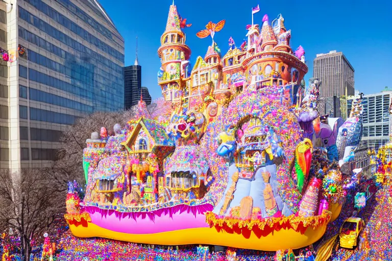 Image similar to photo of giant beautiful elaborate parade float castle designed by lisa frank and geof darrow, in the macys parade, detailed 4 k photo, gigapixel, hyperdetailed