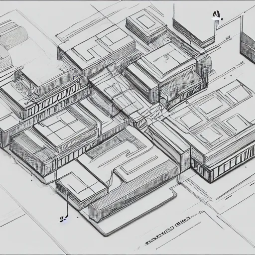 Image similar to exploded axon schematic drawing of a typical city block, in drawing style of peter eisenman