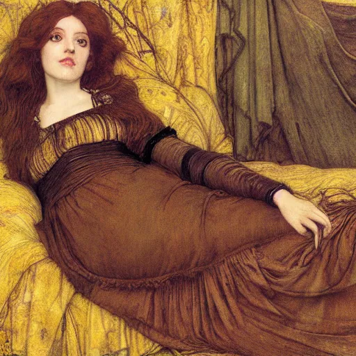 Prompt: preraphaelite photography reclining on bed, a hybrid of judy garland and a hybrid of lady gaga and eleanor of aquitaine, aged 2 5, big brown fringe, yellow ochre ornate medieval dress, john william waterhouse, kilian eng, rosetti, john everett millais, william holman hunt, william morris, 4 k