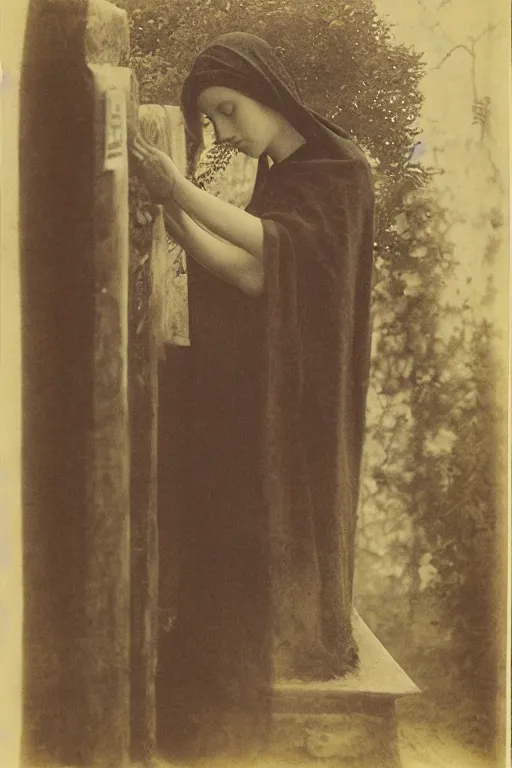 Image similar to a photo om mary praying in front of a tomb, by julia margaret cameron