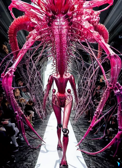 Image similar to walking down the catwalk, ben watts, show, stage, vogue photo, podium, fashion show photo, iris van herpen, beautiful woman, full body shot, helmet on face, masterpiece, plant predator, guyver, jellyfish, biomechanical details, movie still, fauvism, cinestill, bokeh, gelios lens