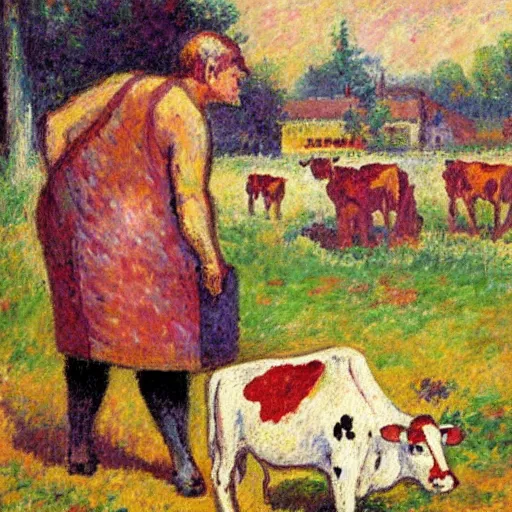 Image similar to a painting in the style of Maximilien Luce of a cow wearing a bloody apron and butchering a human