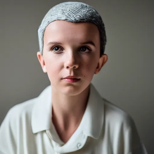 Image similar to Millie Bobby Brown as an old lady, XF IQ4, 150MP, 50mm, F1.4, ISO 200, 1/160s, natural light