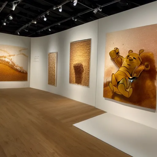 Prompt: winnie the pooh goes to an exhibition about honey, paintings of honey comb, sculptures of bees, white gallery, contemporary art, photorealistic
