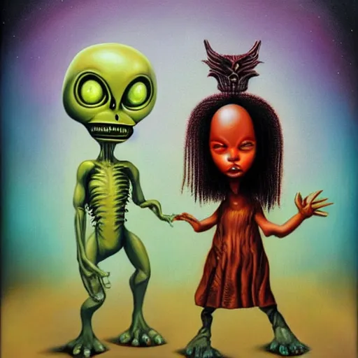 Prompt: alien and predator, lowbrow painting by Mark Ryden