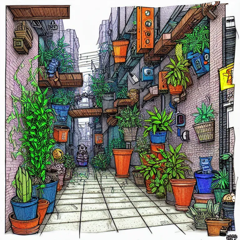 Image similar to an absurdly-detailed cyberpunk alleyway colored-pen drawing as a fancy square tile. Cats and Robots and Potted-Plants.