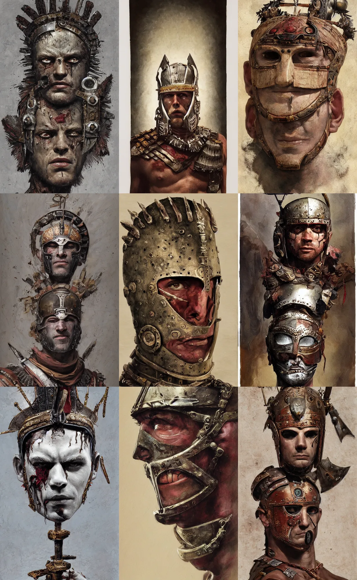 Image similar to A mixed media portrait painting of a man wearing the roman gladiator mask-of-Damocles, detailed mask, detailed jaw and eyes, dried blood, by Frank Frazetta, Greg Rutkowski, Beeple, Yoko Taro, Christian MacNevin, epic fantasy character art, roman numerals, high fantasy, CGsociety, full length, exquisite detail, post-processing, masterpiece, cinematic