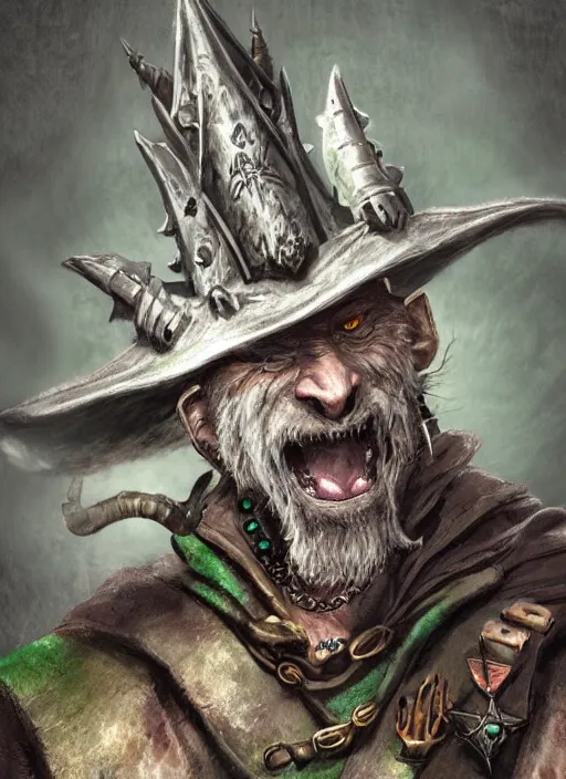 Image similar to a skaven from warhammer fantasy with a gray beard, wearing jewelry, tricorne hat, green robe, mean, dark tones, warlock, d & d, digital art, detailed face, highly detailed, trending on artstation, realistic