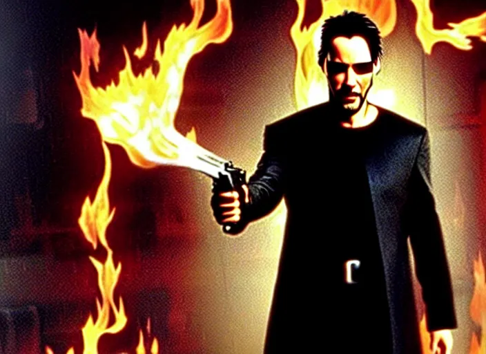 Image similar to A photo of Keanu Reeves as Neo in The Matrix movie doing a thumb up to the camera in front on burning servers, servers in flames in the background, doing a thumb up, The Matrix servers on fire, uncropped, full body, crispy, ultra detailed, cinematic