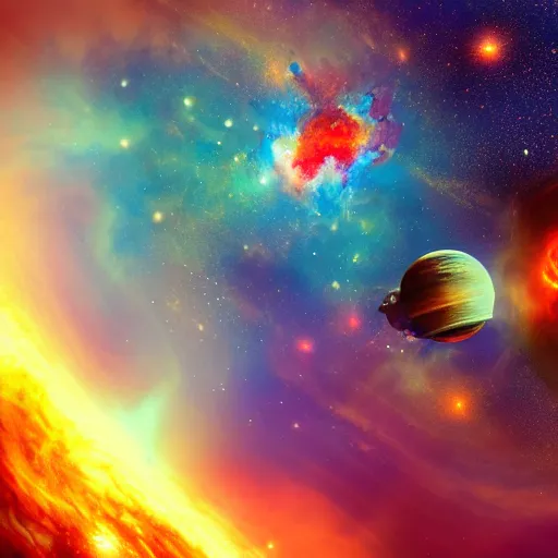 Image similar to a nebula engulfing a solar system with 2 stars orbiting eachother, digital art, trending on artstation