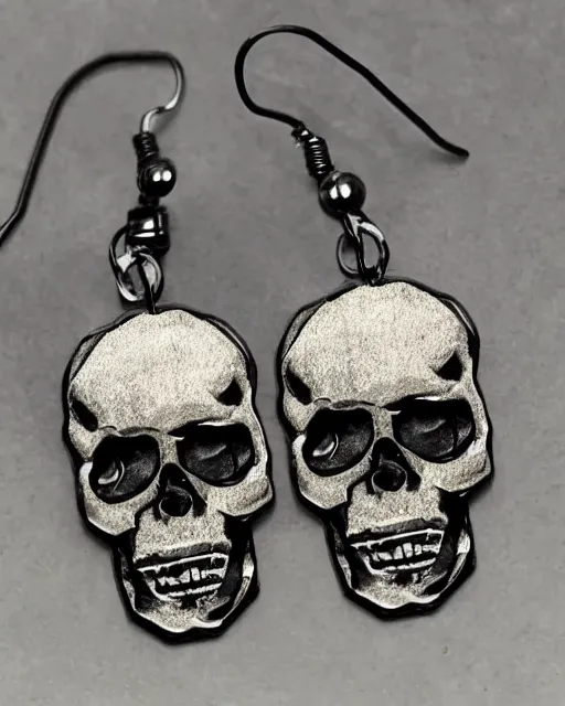 Image similar to spooky cartoon skull, 2 d lasercut earrings, in the style of heavy metal fakk 2