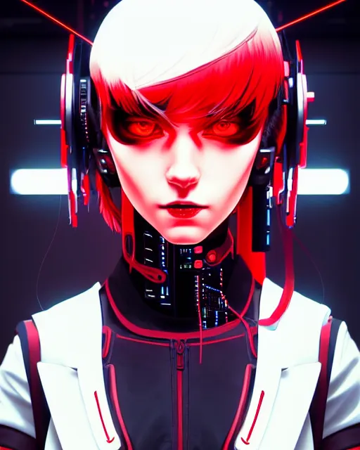 Image similar to a detailed potrait of a cyberpunk cyborg girl with black and red parts, perfect face, realistic shaded perfect face, detailed. night setting. very anime style. realistic shaded lighting poster by ilya kuvshinov katsuhiro, unreal engine, global illumination, radiant light, detailed and intricate environment