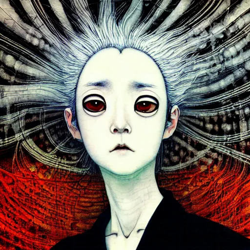 Image similar to yoshitaka amano blurred and dreamy realistic portrait of a woman with white hair and black eyes wearing dress suit with tie with head turned to the side, junji ito abstract patterns in the background, satoshi kon anime, noisy film grain effect, highly detailed, renaissance oil painting, weird portrait angle, blurred lost edges, three quarter angle